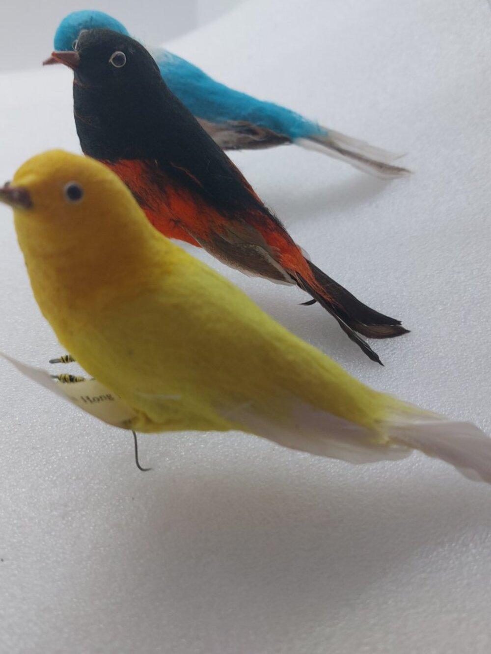 3 Vintage Spun Cotton Artificial Birds Made In Hong Kong